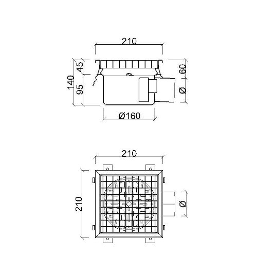 Stainless Steel Floor Strainer Horizontal Outlet 210x210 mm DN 75 PVC OUTLET