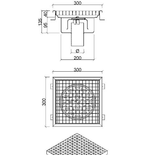 Stainless Steel Floor Strainer Bottom Outlet 300x300 mm DN 75 PVC OUTLET Nova Stainless